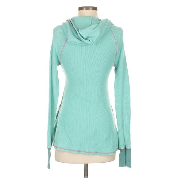 RARE Vtg Free People Hooded Waffle Knit Thermal • Boho Y2K Babydoll Teal Grunge - Picture 8 of 11